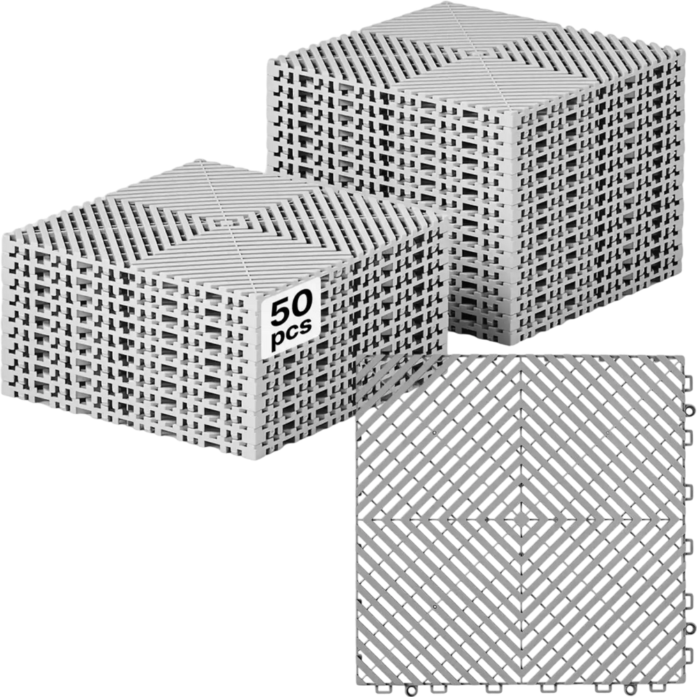 VEVOR Interlocking Drainage Mats 50 Pack 12 x 12 in Light Gray Floor Tiles, for Garages Basements Car Wash Shops, Non-Slip Heavy-Duty PP Modular Interlocking Cushion, 0.6 in Thickened, Easy to Clean