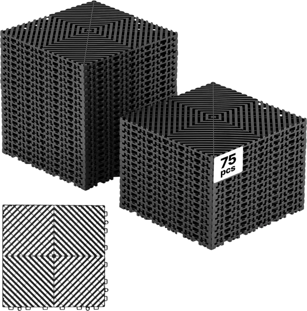 VEVOR Interlocking Drainage Mats 75 Pack 12 x 12 in Black Floor Tiles, for Garages Basements Car Wash Shops, Non-Slip Heavy-Duty PP Modular Interlocking Cushion, 0.6 in Thickened, Easy to Clean