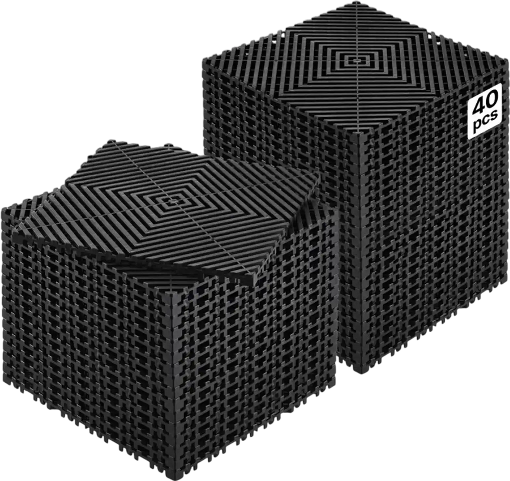 VEVOR Interlocking Drainage Mat, 12” x 12” Modular Interlocking Cushion, 40 Pcs Splicing Drainage Mats, Non-Slip Black PP Drainage Floor Tile and Shower Mat, for Garage, Garden, Kitchen & Outdoor