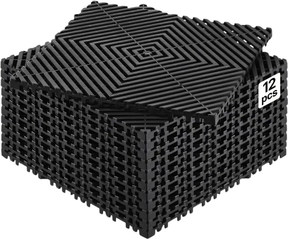 VEVOR Interlocking Drainage Mat, 12” x 12” Modular Interlocking Cushion, 12 Pcs Splicing Drainage Mats, Non-Slip Black PP Drainage Floor Tile and Shower Mat, for Garage, Garden, Kitchen & Outdoor