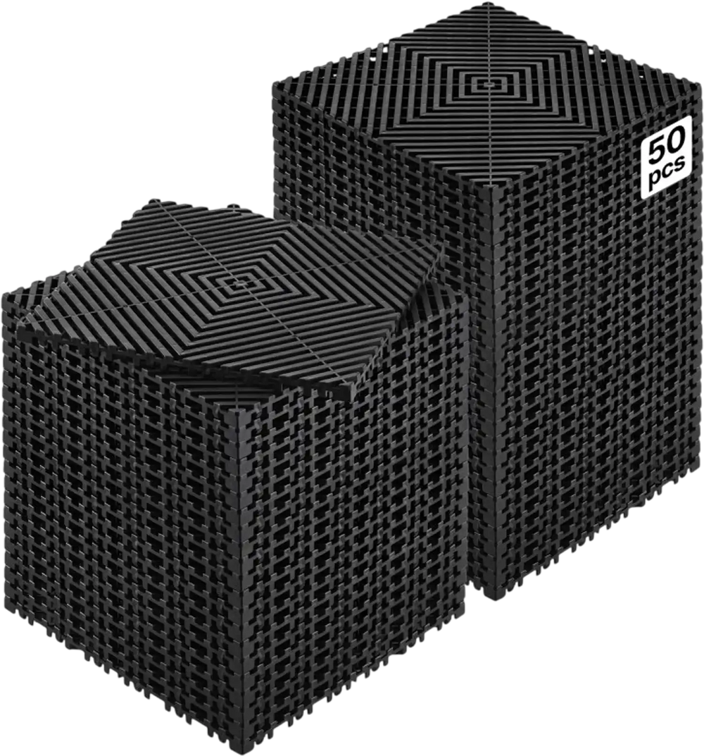 VEVOR Interlocking Drainage Mat, 12” x 12” Modular Interlocking Cushion, 50 Pcs Splicing Drainage Mats, Non-Slip Black PP Drainage Floor Tile and Shower Mat, for Garage, Garden, Kitchen & Outdoor