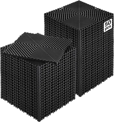 VEVOR Interlocking Drainage Mat, 12” x 12” Modular Interlocking Cushion, 50 Pcs Splicing Drainage Mats, Non-Slip Black PP Drainage Floor Tile and Shower Mat, for Garage, Garden, Kitchen & Outdoor