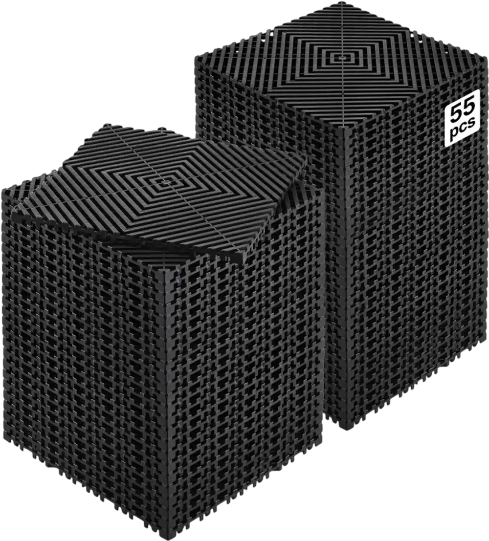 VEVOR Interlocking Drainage Mat, 12” x 12” Modular Interlocking Cushion, 55 Pcs Splicing Drainage Mats, Non-Slip Black PP Drainage Floor Tile and Shower Mat, for Garage, Garden, Kitchen & Outdoor