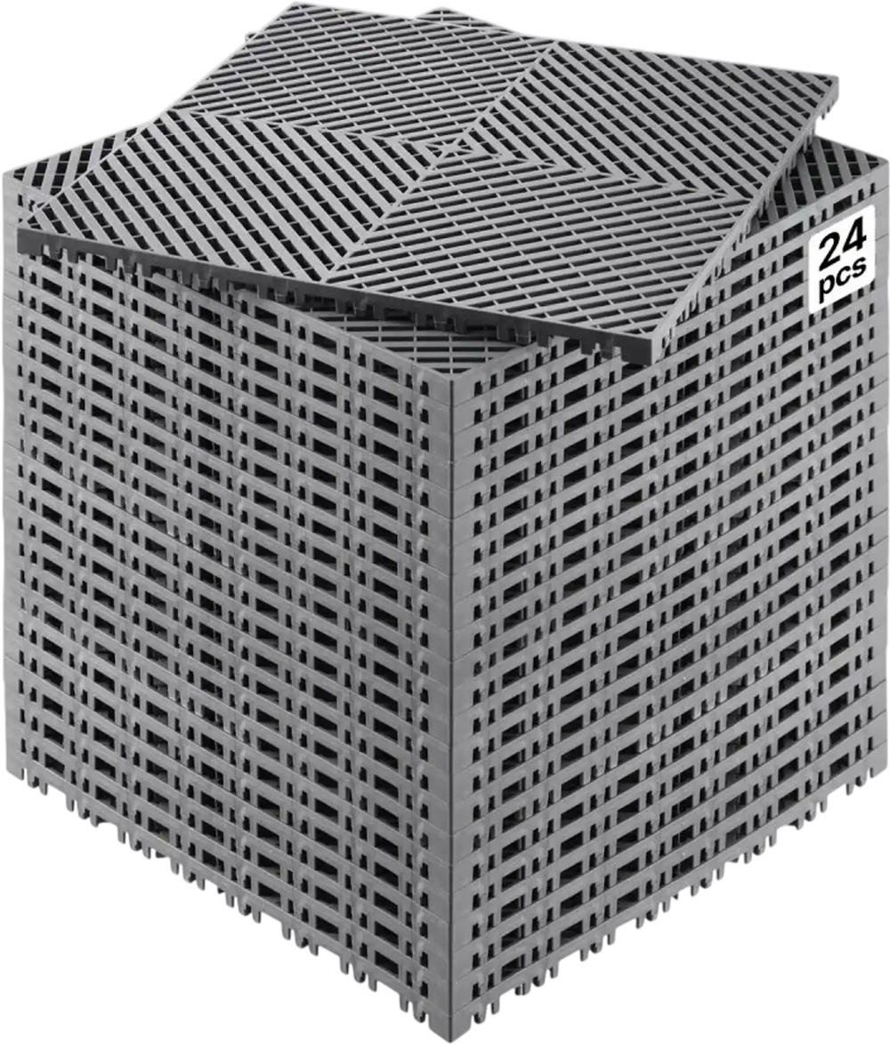 VEVOR Interlocking Drainage Mat, 15.7” x 15.7” Modular Interlocking Cushion, 24 Pcs Splicing Drainage Mats, Non-Slip Gray PP Drainage Floor Tile and Shower Mat, for Garage, Garden, Kitchen & Outdoor