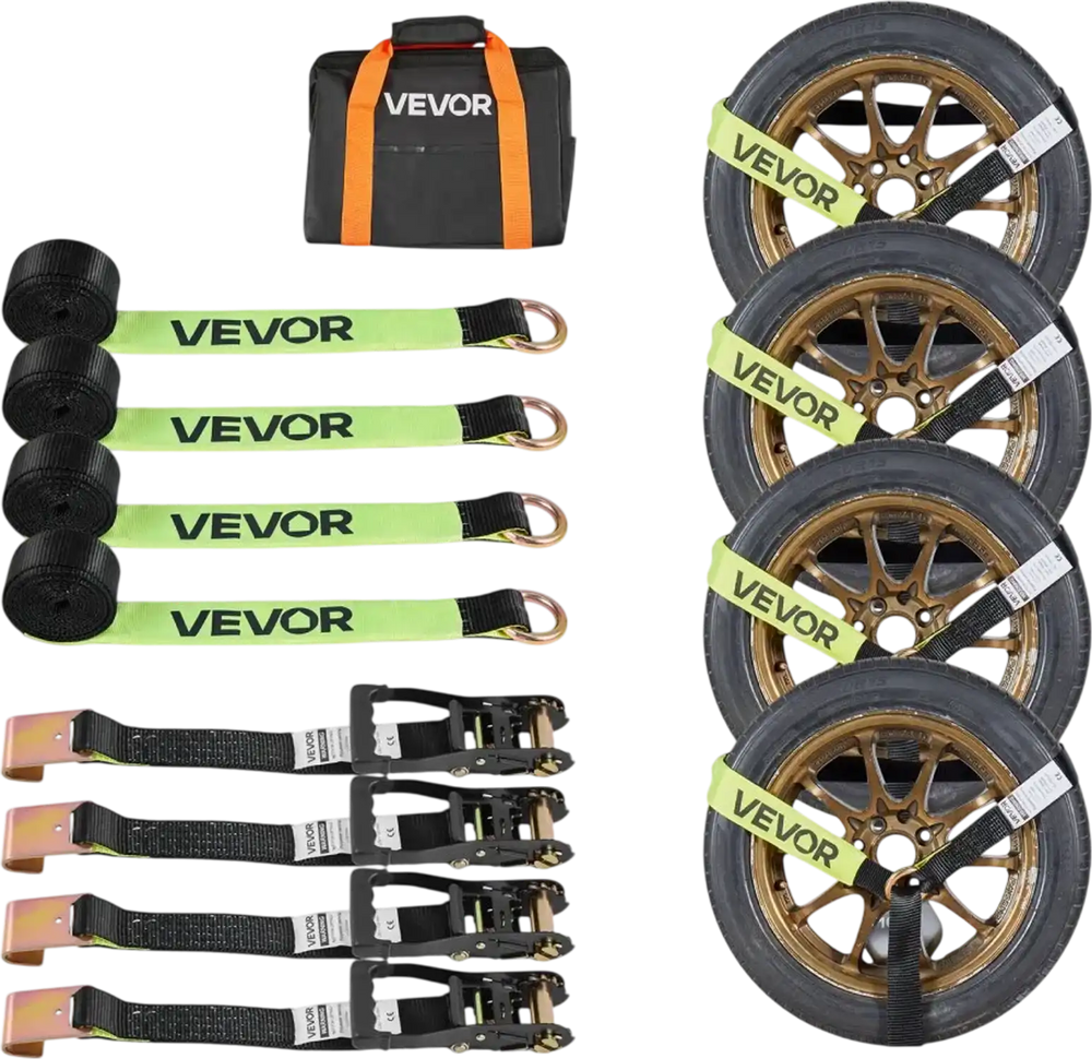VEVOR Wheel Chock Tie-Down Kit, Tire-Style Trailer Tie Down Strap, Car Tie Down Kit with Flat Hook, Break Strength 10009 lbs & Working Load 3333 lbs Motorcycle Tie-Down System for ATVs, SUVs, Trailers
