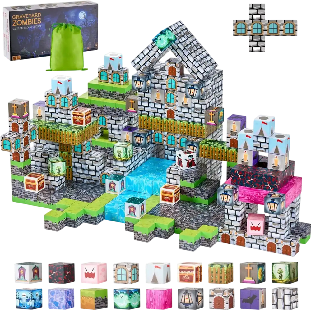 VEVOR Magnetic Blocks, 100 PCS Cemetery Zombies Set, Magnetic Building Cubes for Kids, STEM Montessori Sensory Toys for Christmas Birthday Gift, Construction Stacking Toy for 3+ Years Old Boys & Girls