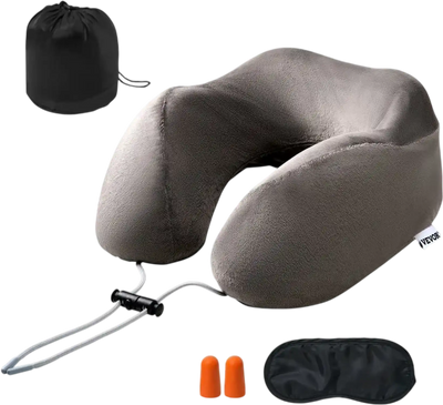 VEVOR Travel Pillow, Neck Pillow for Traveling, Upgraded Bamboo Charcoal Memory Foam Travel Neck Pillow with Eye Mask, Earplugs and Storage Bag, Suitable for Plane Car Home Recliner Use(Dark Gray)
