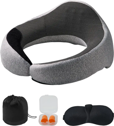 VEVOR Travel Pillow, Double-Layered 3D Support Neck Pillow for Traveling, 360° Flexible Rotation Upgraded Memory Foam Travel Neck Pillow with Eye Mask, Earplugs, Earplug Case, Storage Bag(Black-Gray)