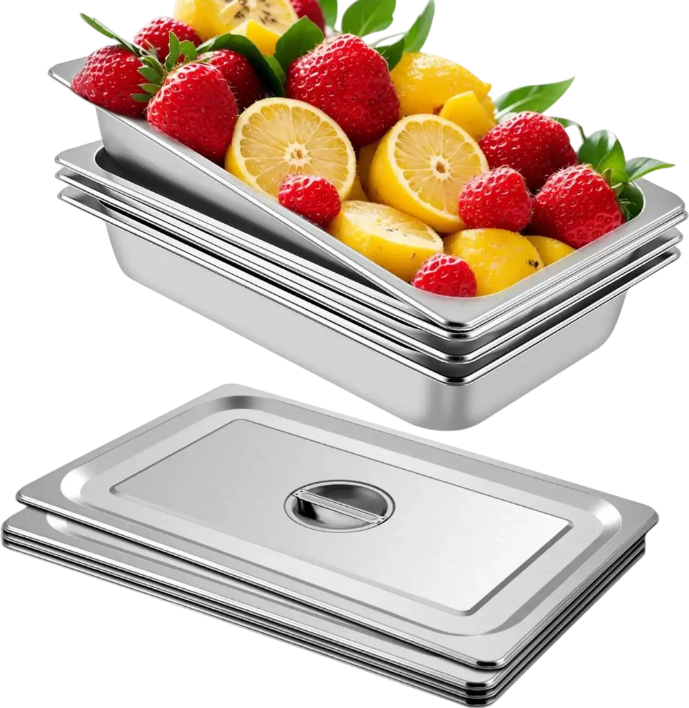 VEVOR 4 Pack Steam Table Pans 20.9 x 12.8 x 3.9 Inch Deep Steam Table Pan Full Size 13L Deep Food Container Stainless Steel Oven Tray Hotel Pans Anti-Jam Steam Table Food Pan
