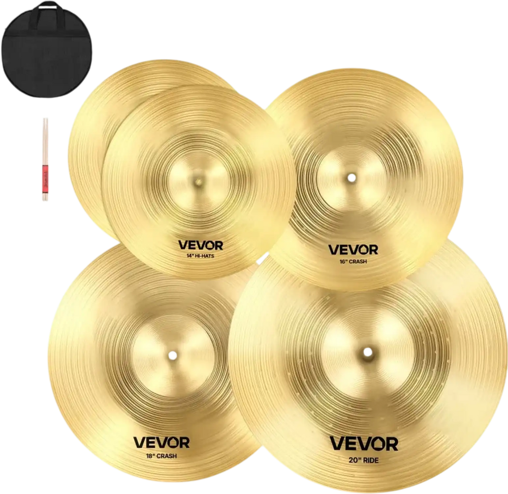 VEVOR Cymbal Pack, 4 Pieces Cymbals for Drum Set, Alloy Cymbals Drum Set Includes 14-inch Hi-Hats, 16-inch Crash, 18-inch Crash, 20-inch Ride, Drumsticks & Cymbal Bag, Alloy Cymbal Pack for Drummer