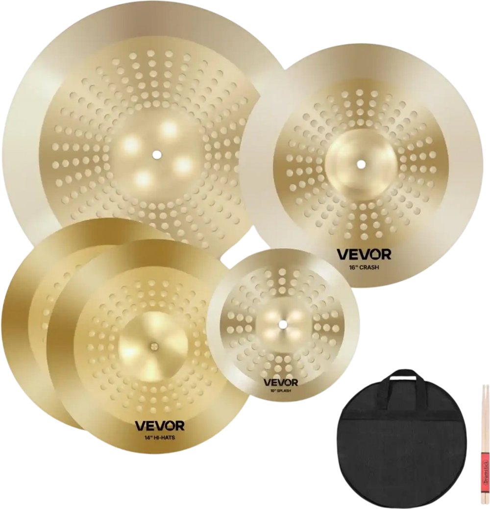 VEVOR Cymbal Pack, 4 Pieces Cymbals for Drum Set, Alloy Cymbals Drum Set Includes 14-inch Hi-Hats, 16-inch Crash, 20-inch Ride, 10-inch Splash, Drumsticks & Cymbal Bag, Alloy Cymbal Pack for Drummer
