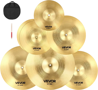 VEVOR Cymbal Pack, 6 Pieces Cymbals for Drum Set, Alloy Cymbals Drum Set Includes 14-inch Hi-Hats, 16-inch Crash, 18-inch Crash, 20-inch Ride, 10-inch Splash, 16-inch China, Drumsticks & Cymbal Bag