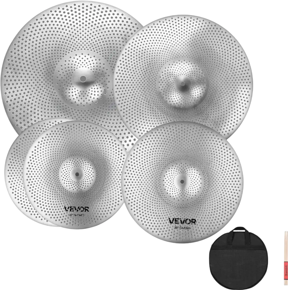 VEVOR Low Volume Cymbal Pack, 4 Pieces Quiet Cymbals for Drum Set, Alloy Cymbals Drum Set Includes 14-inch Hi-Hats, 16-inch Crash, 18-inch Crash, 20-inch Ride, Drumsticks & Cymbal Bag, Bright Copper