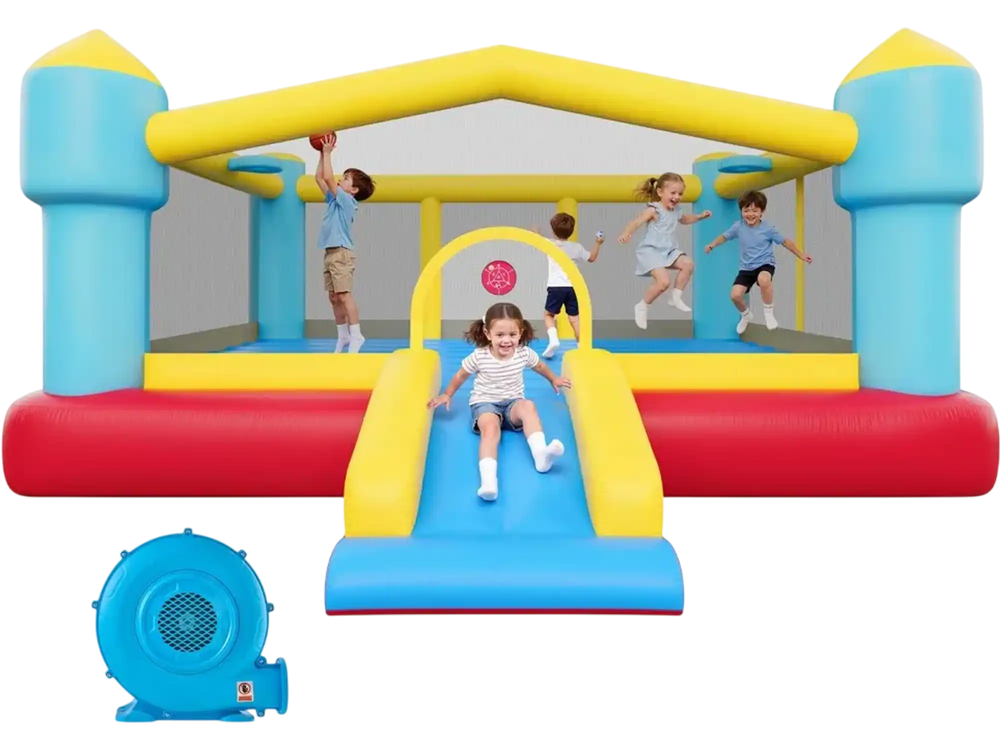 VEVOR Inflatable Bounce House, 14.7 x 13.8 x 6.8 ft Jumping Bouncy Castle, Inflatable Jumper for Kids with Slide, Basketball Hoop, Target Game & Jumping Area, Jumpings House Holds 3-4 Kids (Ages 3-8)
