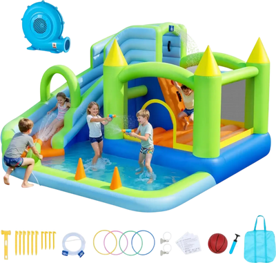 Vevor Inflatable Bounce House Water Slide with Splash Pool Basketball Hoop & Ring Toss 11.3 x 12.3 x 7.0' New