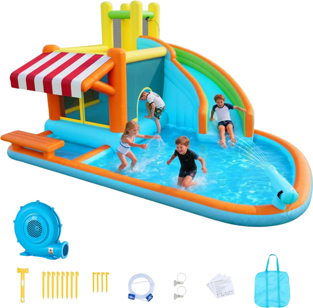 VEVOR Inflatable Bounce House, 14.9 x 12.8 x 7.8 ft Inflatable Bounce House Water Slide, Bouncer Castle with Castle Bounces, Tall Slide, Splash Pool & Pretend Market Booth, for 3 to 4 Kids Ages 3 to 8