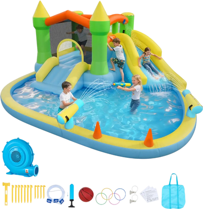 Vevor Inflatable Bounce House Water Slide Castle with Splash Pool & Basketball Hoop New