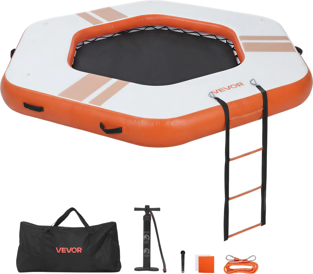 VEVOR Inflatable Floating Dock, 8.5x8.5 FT Inflatable Dock Platform, Non-Slip Water Mat with Portable Carrying Bag & Detachable Ladder, Floating Water Platform Island Raft for Pool Beach Ocean, Orange