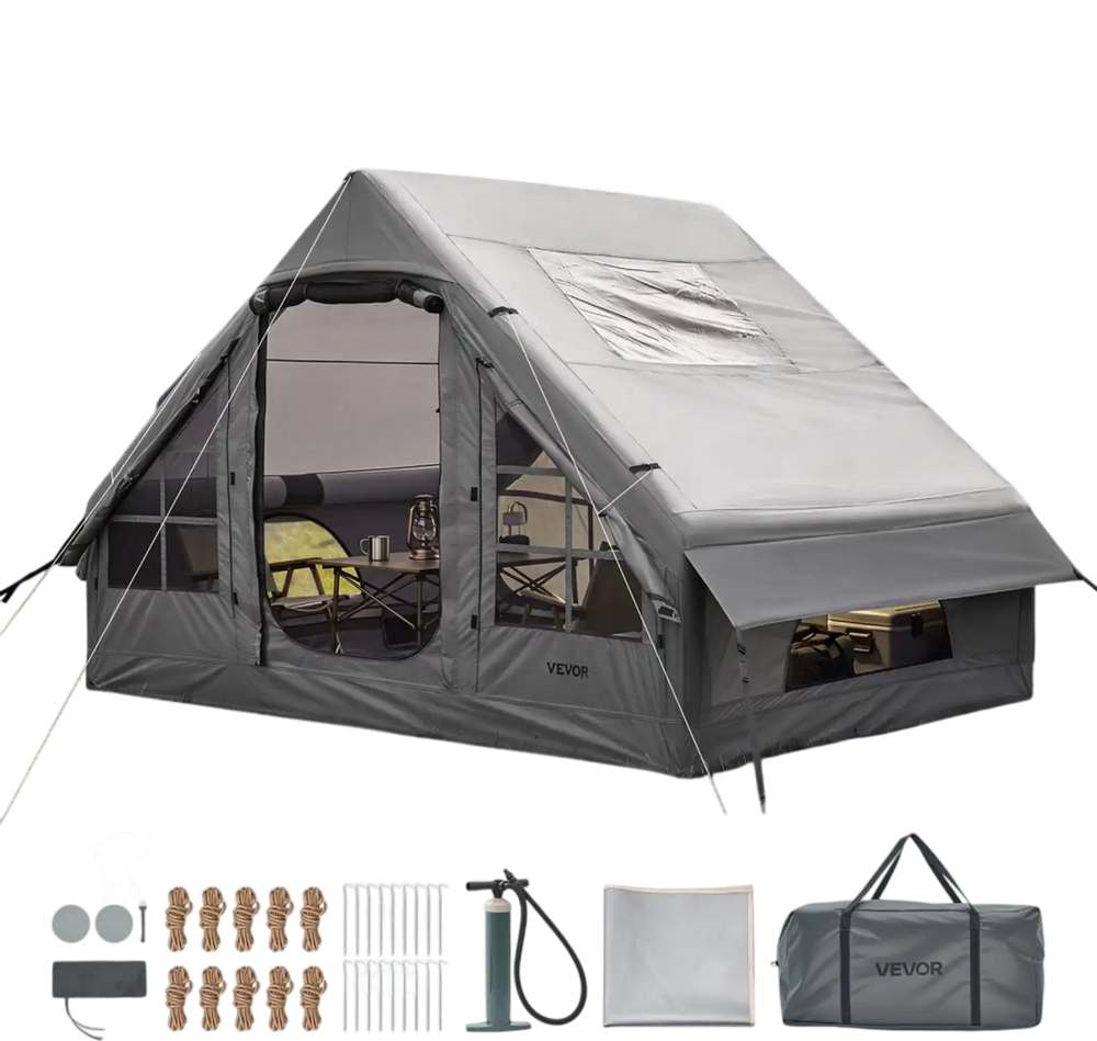 VEVOR Inflatable Tent for Camping 2-4 Person Blow Up Tent with Pump Gray, for Family Outdoor Glamping, Waterproof 420D Oxford, Easy Setup Air House with Skylight, Stove Jack, Mesh Windows & Carry Bag