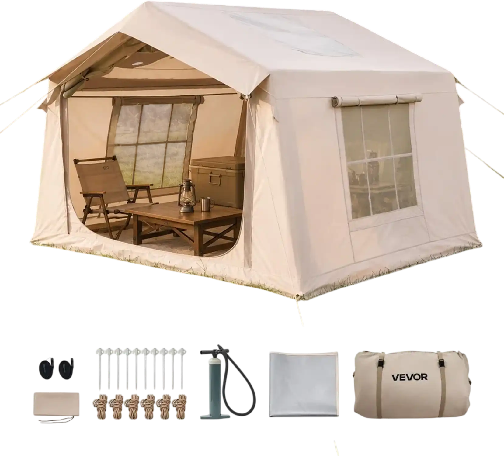 Vevor Inflatable Tent 2-4 Person Beige Camping Glamping Tent with Pump New