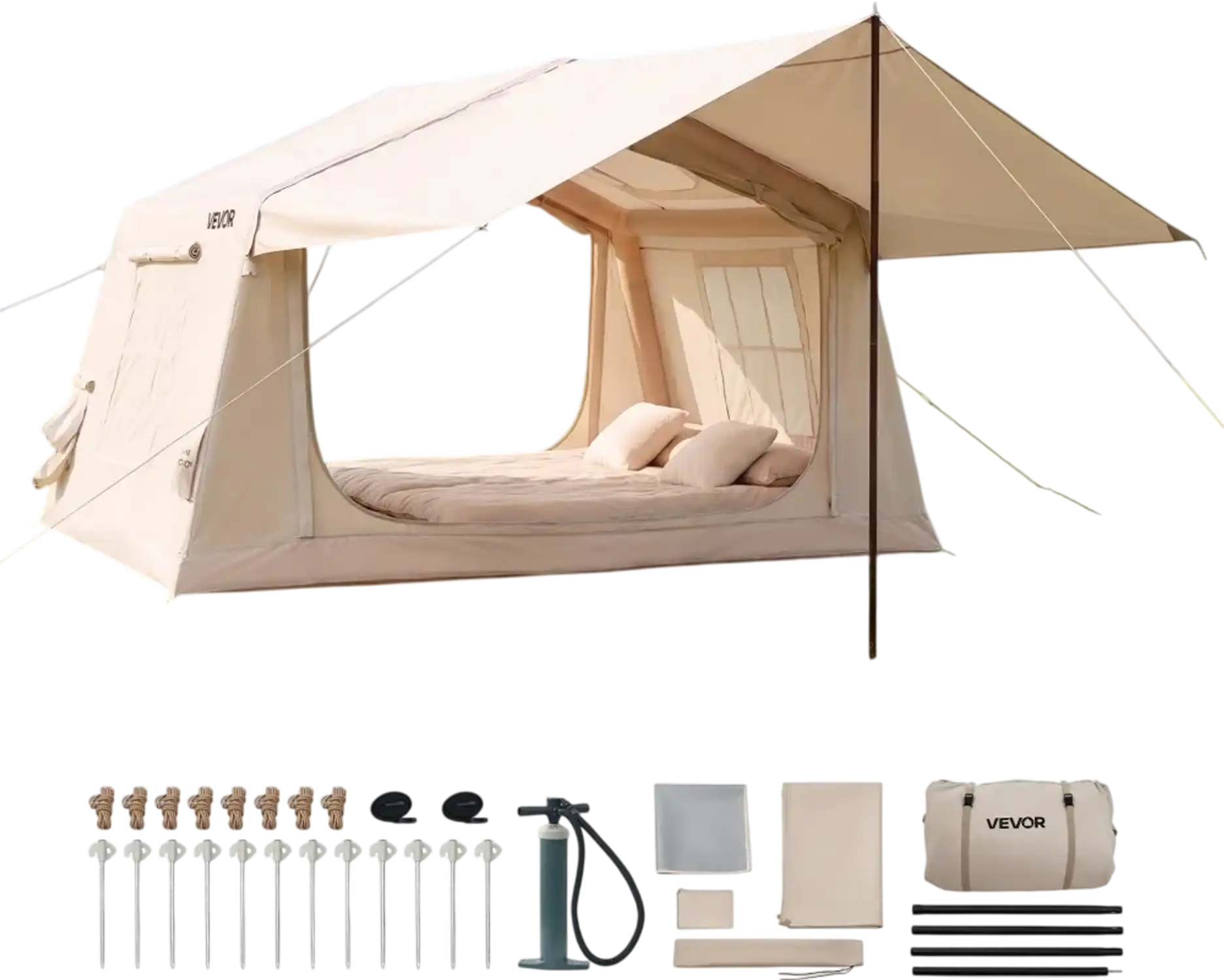 Vevor Inflatable Tent Camping Tent 2-4 Person with Canopy, Skylight, Stove Jack & Mesh Windows New