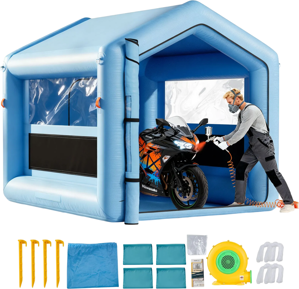 VEVOR Inflatable Paint Booth, 9.84 x 8.2 x 8.2 ft, Inflatable Spray Booth with 550W Powerful Blower and Air Filter System, Triangular Roof, for Painting Bicycle, Motorcycle, Automotive Sheet Metal