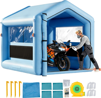 VEVOR Inflatable Paint Booth, 9.84 x 8.2 x 8.2 ft, Inflatable Spray Booth with 550W Powerful Blower and Air Filter System, Triangular Roof, for Painting Bicycle, Motorcycle, Automotive Sheet Metal