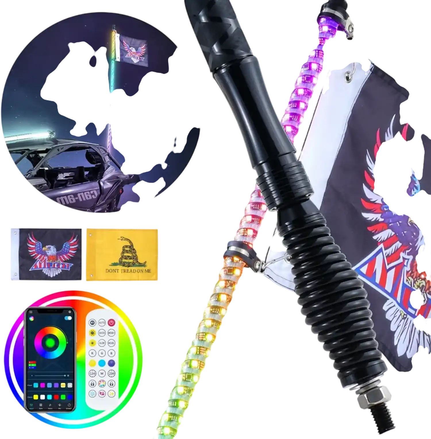 Vevor Whip Light 3' RGB Spiral LED with Spring Base and Remote App Control New