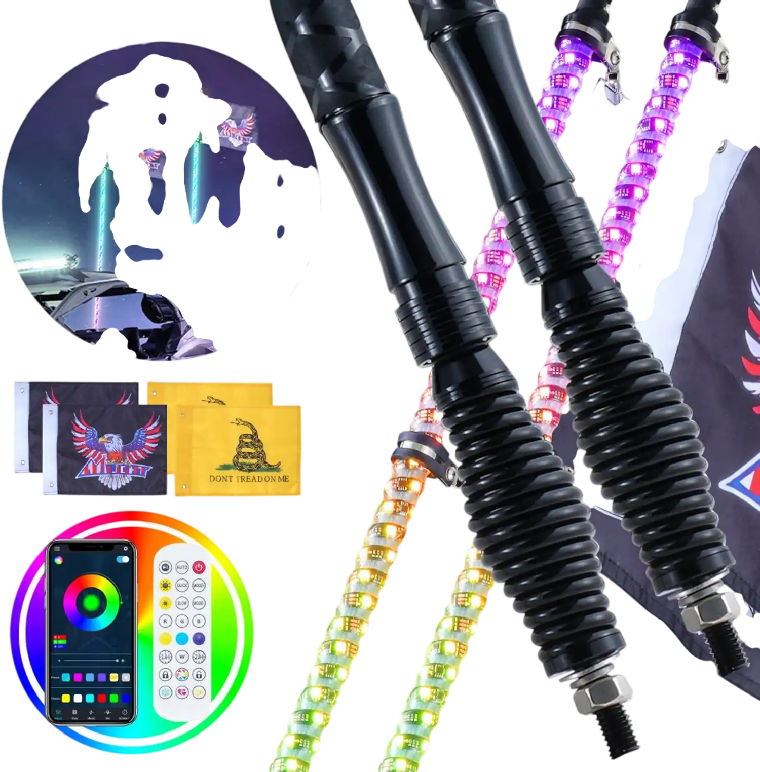Vevor Whip Light 2 PCS 4' RGB Spiral LED Whip Lights with Spring Base and Remote App Control New