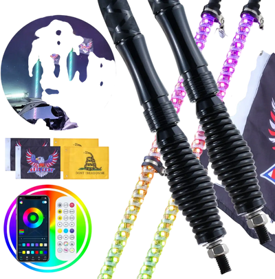 VEVOR 2 PCS 4 FT Whip Light with Spring Base, Led Whip Light with APP & Remote Control, Waterproof 360° Spiral RGB Chasing Lighted Whips with 2 Flags, for UTVs, ATVs, Motorcycles, RZR, Can-am, Go-kart