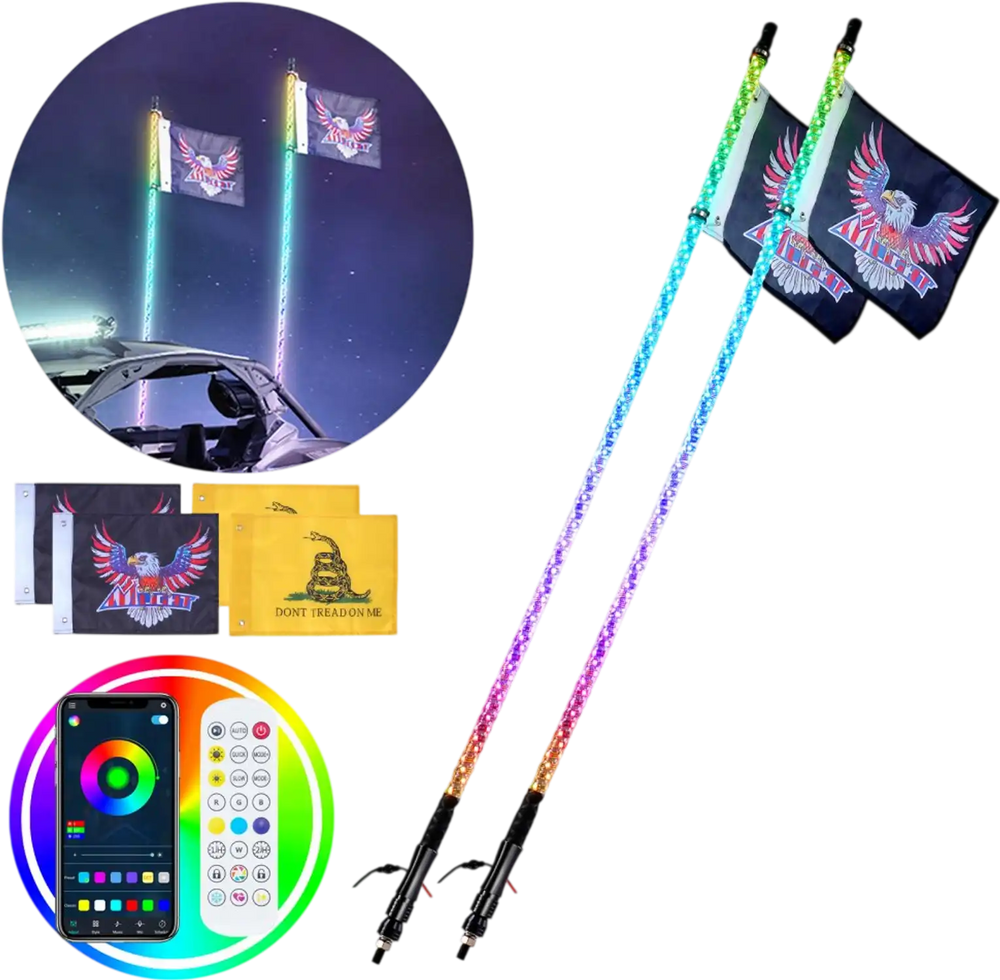 VEVOR 2 PCS 3 FT Whip Light, APP & RF Remote Control Led Whip Light, Waterproof 360° Spiral RGB Chasing Lighted Whips with 4 Flags, for UTVs, ATVs, Motorcycles, RZR, Can-am, Trucks, Off-road, Go-karts
