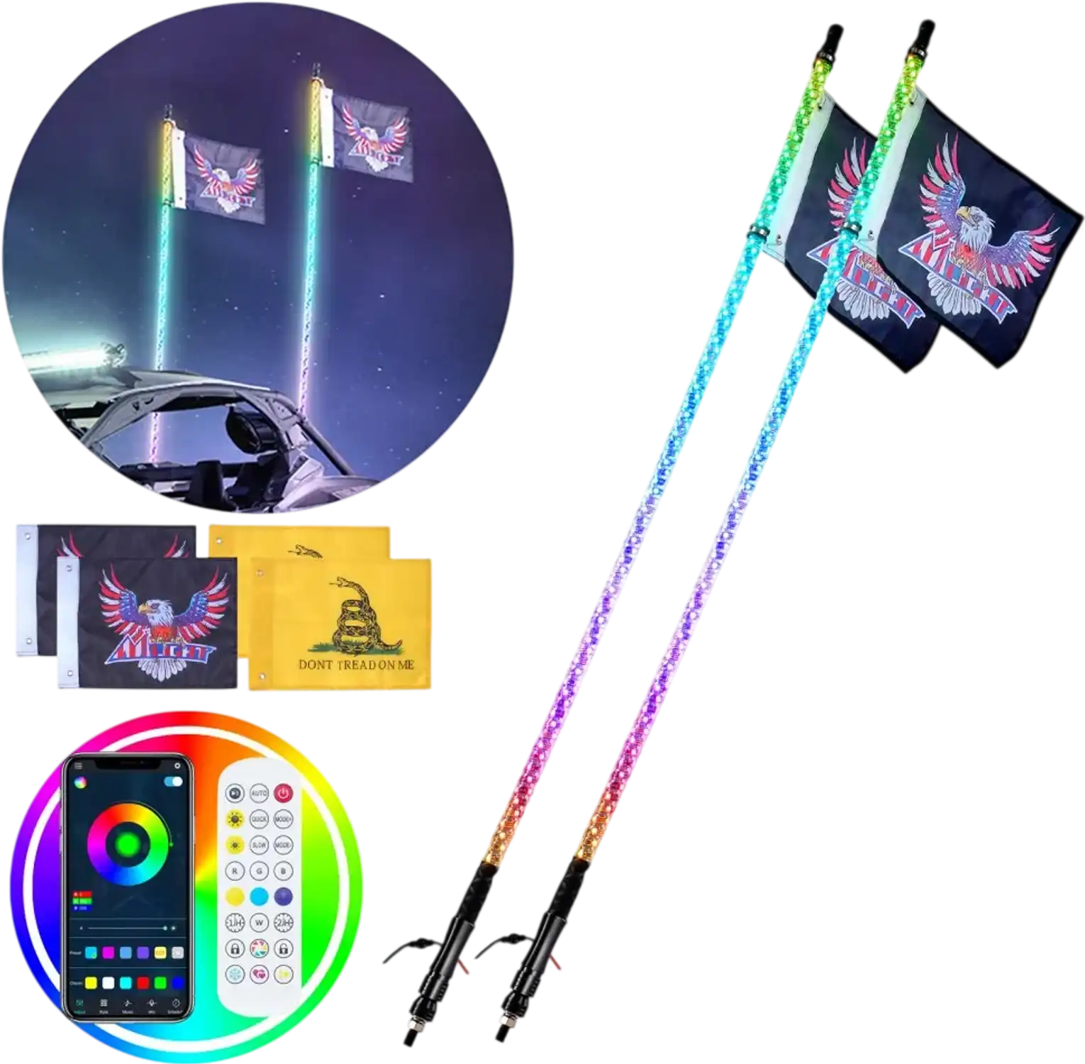 Vevor Whip Lights 2 PCS 4' RGB Spiral LED with Remote App Control New