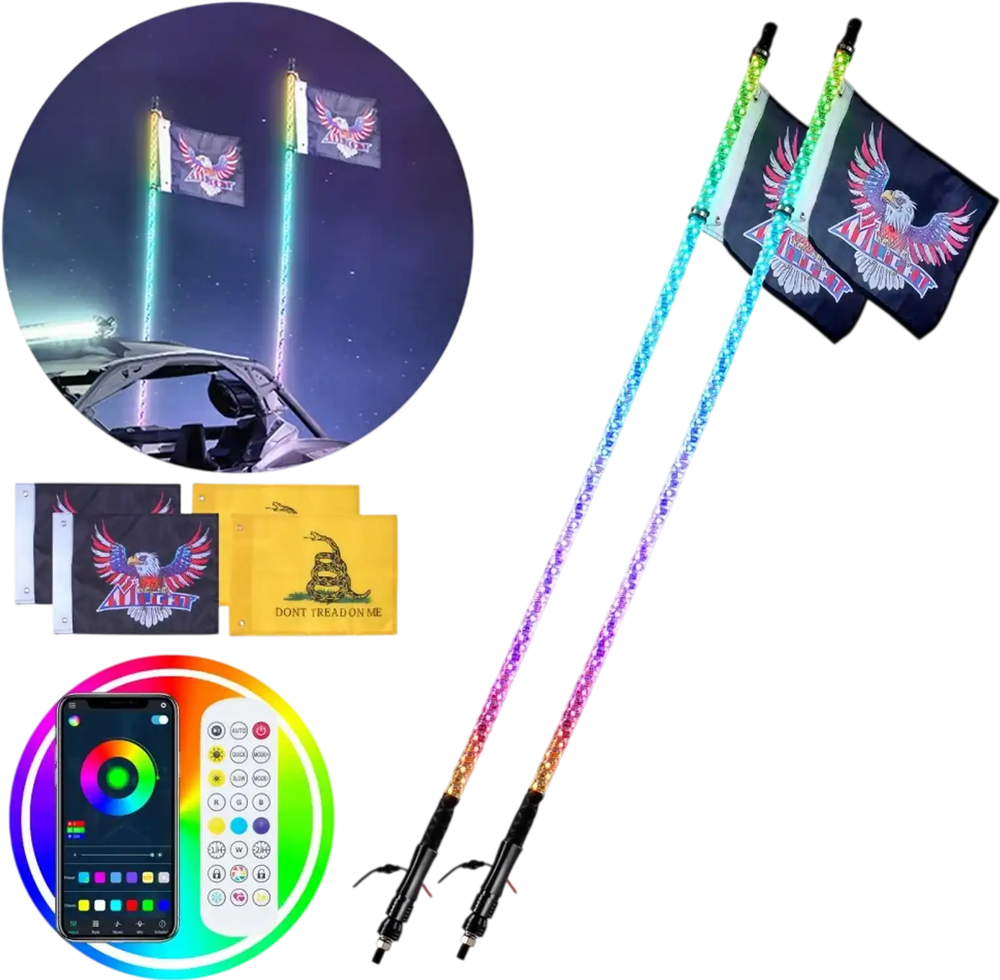 VEVOR 2 PCS 4 FT Whip Light, APP & RF Remote Control Led Whip Light, Waterproof 360° Spiral RGB Chasing Lighted Whips with 4 Flags, for UTVs, ATVs, Motorcycles, RZR, Can-am, Trucks, Off-road, Go-karts