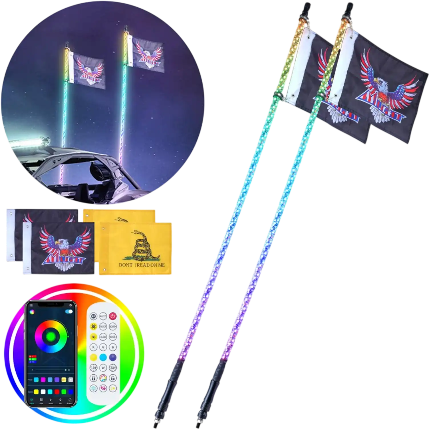 Vevor Whip Light 2-Pc 5' RGB Spiral LED Light Kit with App & RF Remote New