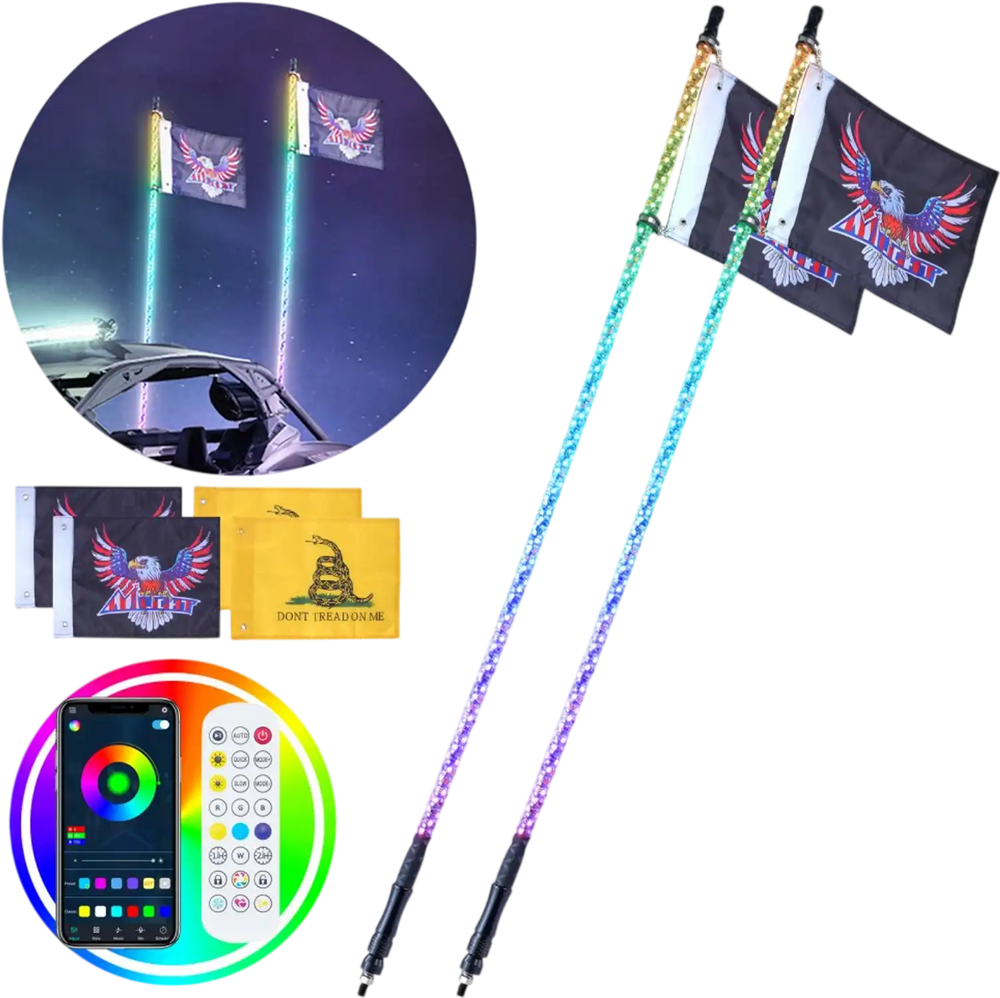 VEVOR 2 PCS 5 FT Whip Light, APP & RF Remote Control Led Whip Light, Waterproof 360° Spiral RGB Chasing Lighted Whips with 4 Flags, for UTVs, ATVs, Motorcycles, RZR, Can-am, Trucks, Off-road, Go-karts
