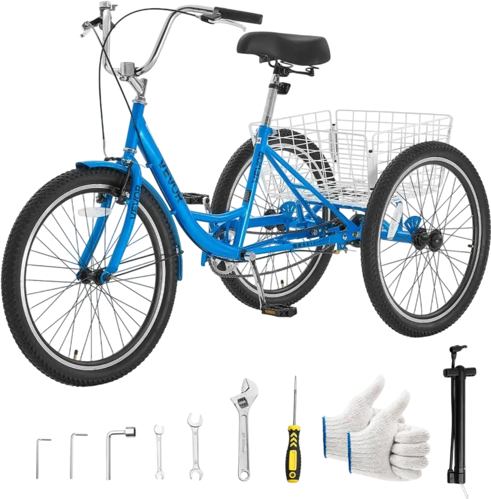 VEVOR Adult Tricycle 24 inch Trike for Adult 3 Wheel Cruiser Bike, with Cargo Basket, Adjustable Seat, and Double-Wall Wheel Rims, Carbon Steel Shopping Picnic Tricycles for Women, Men, Seniors