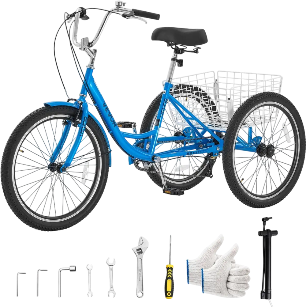 VEVOR Adult Tricycle 26 inch Trike for Adult 3 Wheel Cruiser Bike, with Cargo Basket, Adjustable Seat, and Double-Wall Wheel Rims, Carbon Steel Shopping Picnic Tricycles for Women, Men, Seniors