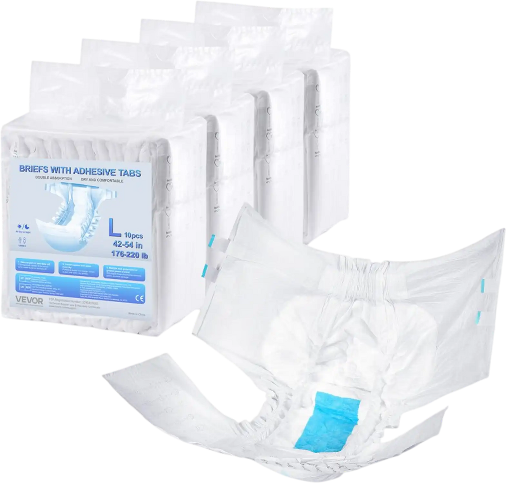 VEVOR Adult Briefs with Tabs, Super Absorbent Incontinence Briefs for Men and Women, Disposable Adult Diapers with Leakproof 3D Surround Guard & Wetness Indicator - L Size, 40 Count (4 Packs of 10)
