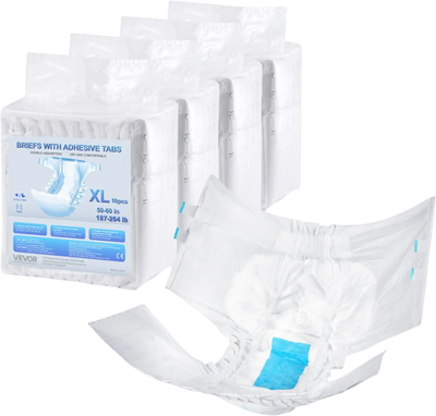 VEVOR Adult Briefs with Tabs, Super Absorbent Incontinence Briefs for Men and Women, Disposable Adult Diapers with Leakproof 3D Surround Guard & Wetness Indicator - XL Size, 40 Count (4 Packs of 10)