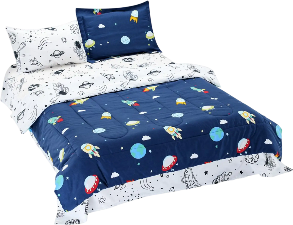 VEVOR Kids Comforter Set, 5 Pieces, Twin Bedding Sets with 1 Comforter, 1 Flat Sheet, 1 Fitted Sheet, 2 Pillowcases, Soft Microfiber & Space Printed, Bedding Comforter Sets for Boys Girls Teen