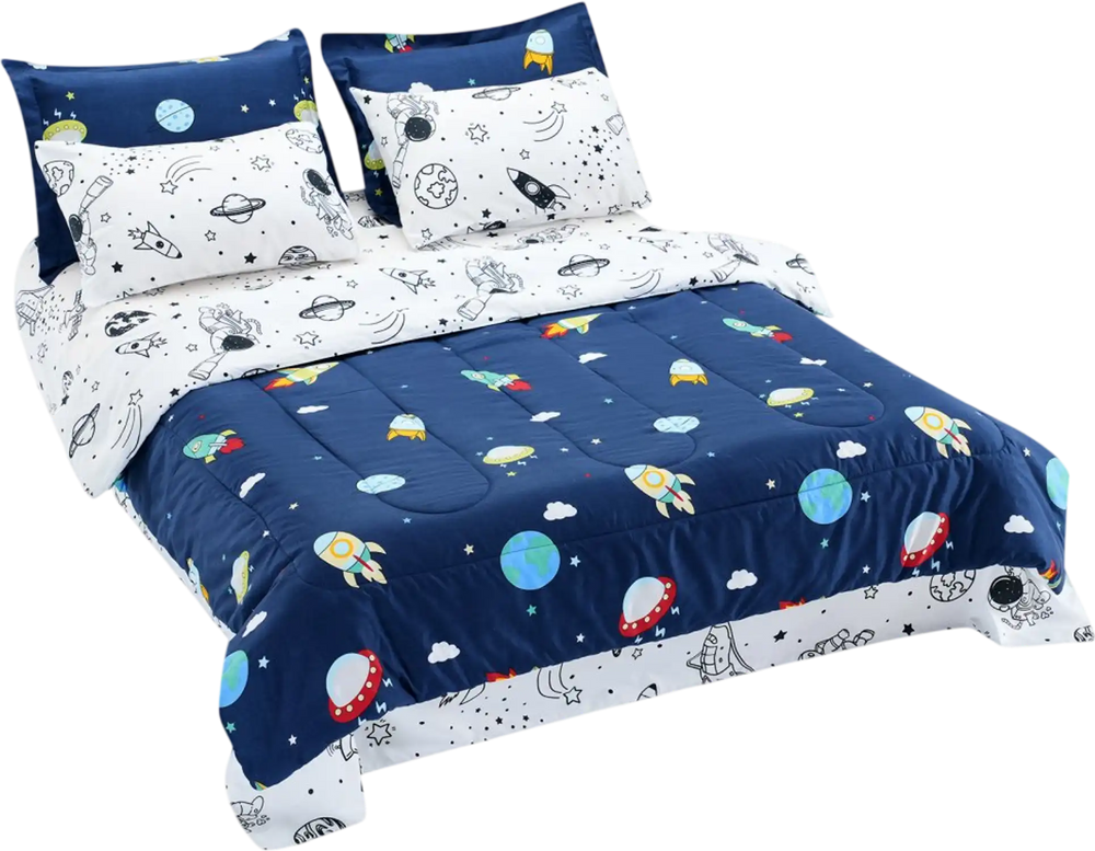 VEVOR Kids Comforter Set, 7 Pieces, Twin Bedding Sets with 1 Comforter, 1 Flat Sheet, 1 Fitted Sheet, 4 Pillowcases, Soft Microfiber & Space Printed, Bedding Comforter Sets for Boys Girls Teen