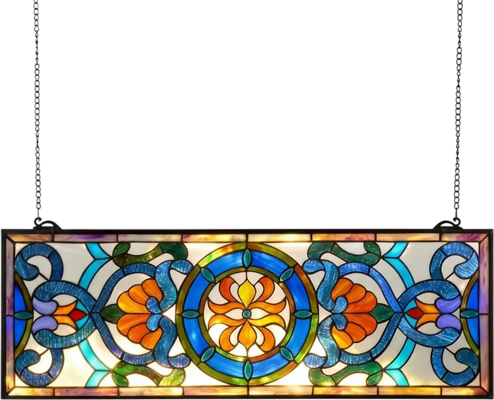 VEVOR Stained Glass Window Panel, 35.1" x 12.9" Tiffany Style Hanging Transom Window Panel with Chain, Large Horizontal Rectangle Stain Glass, Vintage Traditional Art Handcrafts for Kitchen Home Decor