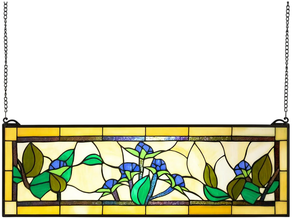 VEVOR Stained Glass Window Panel, 35.2" x 13.1" Tiffany Style Hanging Transom Window Panel with Chain, Large Horizontal Rectangle Stain Glass, Vintage Traditional Art Handcrafts for Kitchen Home Decor