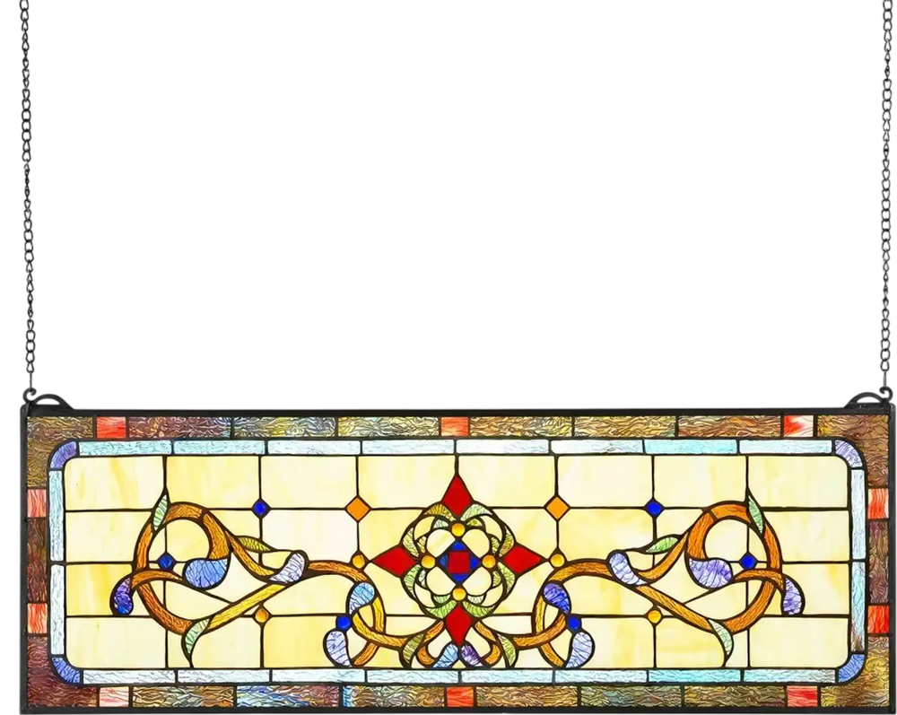 VEVOR Stained Glass Window Panel, 32" x 11" Tiffany Style Hanging Transom Window Panel with Chain, Large Horizontal Rectangle Stain Glass, Vintage Traditional Art Handcrafts for Kitchen Home Decor