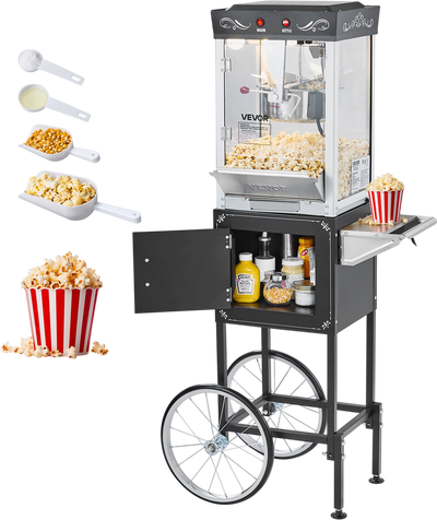 VEVOR Popcorn Machine with Cart, 8oz Stainless Steel Kettle, 800W Commercial Popcorn Maker, 48 Cups per Batch Theater Style Popper, with 2-Button Control Glass Wall PC Door 1 Scoop 3 Spoons, Black