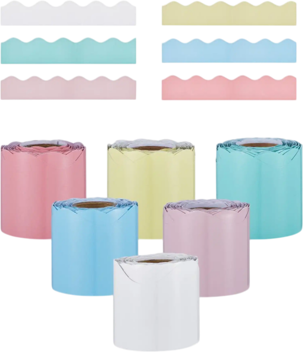 VEVOR Bulletin Board Borders, 6 Rolls 32.8 Feet Scalloped Bulletin Board Borders, Boho Rolled Border Trim with Wavy Line Design, Colorful Pastel Borders for School Classroom Party & Wall Decoration