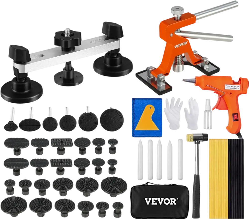 VEVOR 56 PCS Dent Removal Kit, Paintless Dent Repair Kit with Golden Lifter, Bridge Puller, Car Dent Puller with Puller Tabs, Hot Glue Gun for Auto Body Dents, Hail Damage, Door Ding
