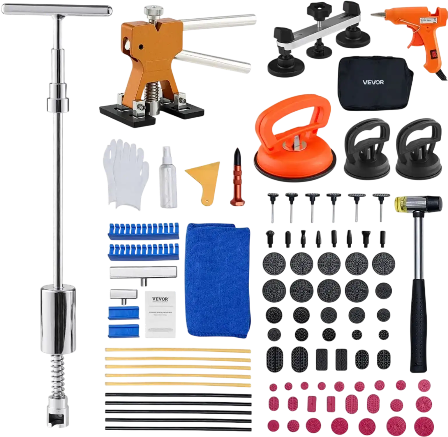 Vevor Dent Puller Kit 100-Pc Paintless Dent Removal Set with Golden Lifter Bridge Puller Slide Hammer and Glue Gun New
