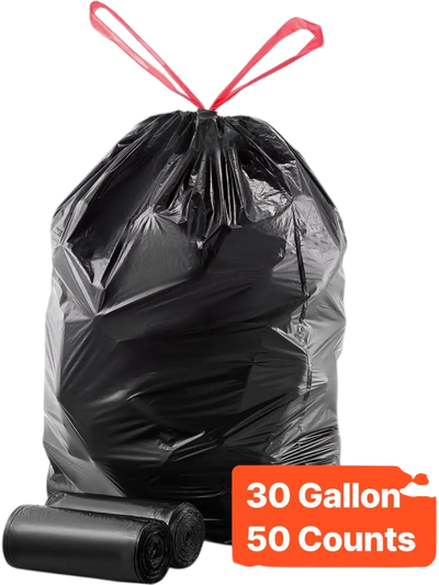 VEVOR Drawstring Trash Bags, 30 Gallon 50 Count Tall Kitchen Trash Bags, Extra Thick Tough and Durable Garbage Bag, Recyclable Bin Bag with Drawstrings, for Home Kitchen, Office, RV & Camping (Black)