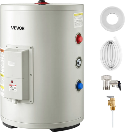 VEVOR 12 Gallon Electric Tank Water Heater, 1600W Point-of-Use Hot Water Heater with LED Display, Knob Control, Side Outlet, 120V Storage Design with T&P Valve for Small Apartments & Studios, Gray